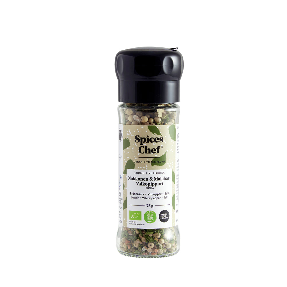 Nokkonen ja Malabar valkopippuri 75g luomu - BPA-vapaa maustemylly