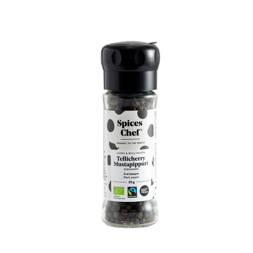 Tellicherry mustapippuri 55g luomu ja reilu kauppa - BPA-vapaa maustemylly