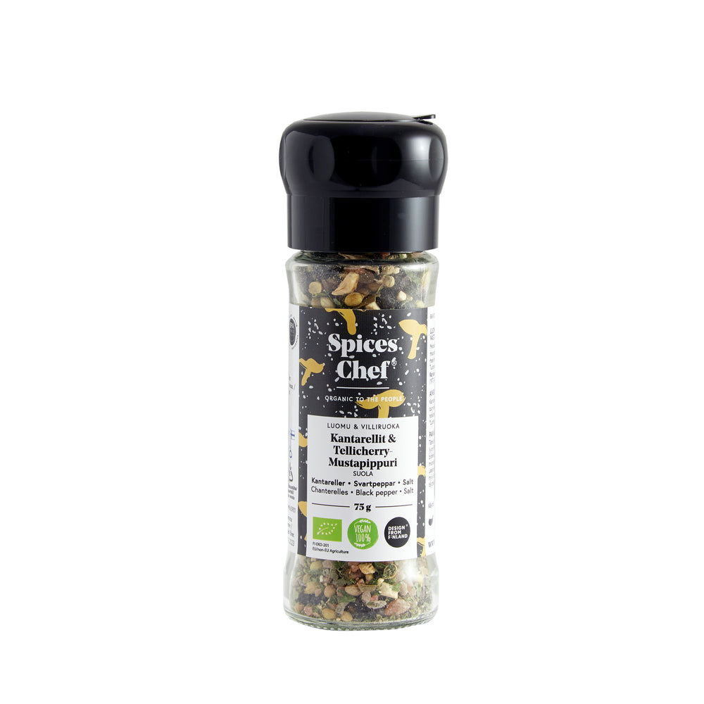 Kantarellit ja Tellicherry mustapippuri 75g luomu - BPA-vapaa maustemylly