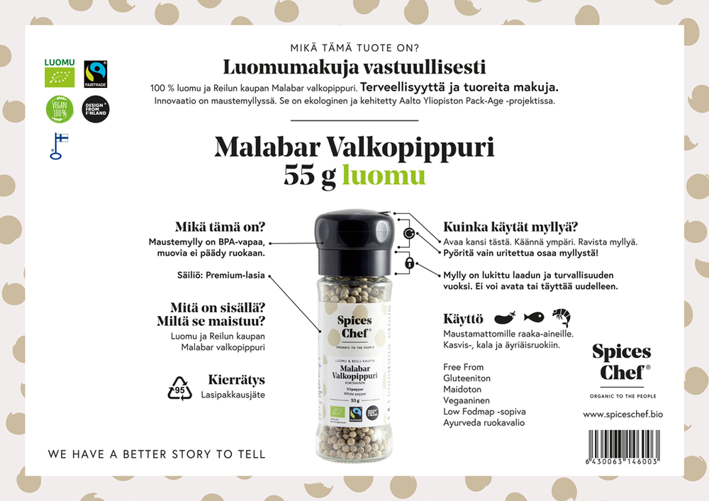 Malabar valkopippuri kokonainen 55g  luomu ja reilu kauppa - BPA-vapaa maustemylly