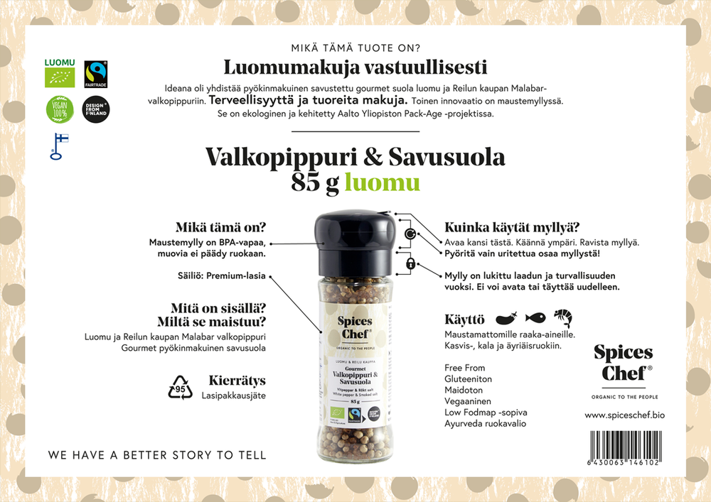 Gourmet Valkopippuri & savusuola 85g luomu ja reilukauppa - BPA-vapaa maustemylly