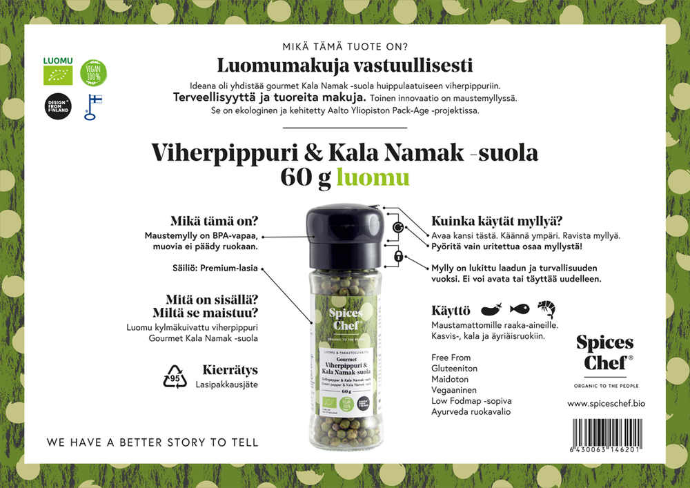 Gourmet Viherpippuri & Kala Namak-suola 60g luomu - BPA-vapaa maustemylly